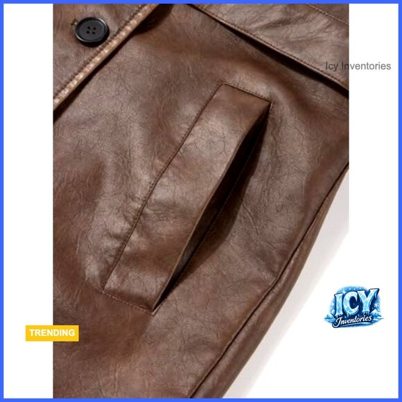 Faux PU Leather Trench Coat with Belt, Oversize Classic Lapel Overcoat - Picture 5 of 7